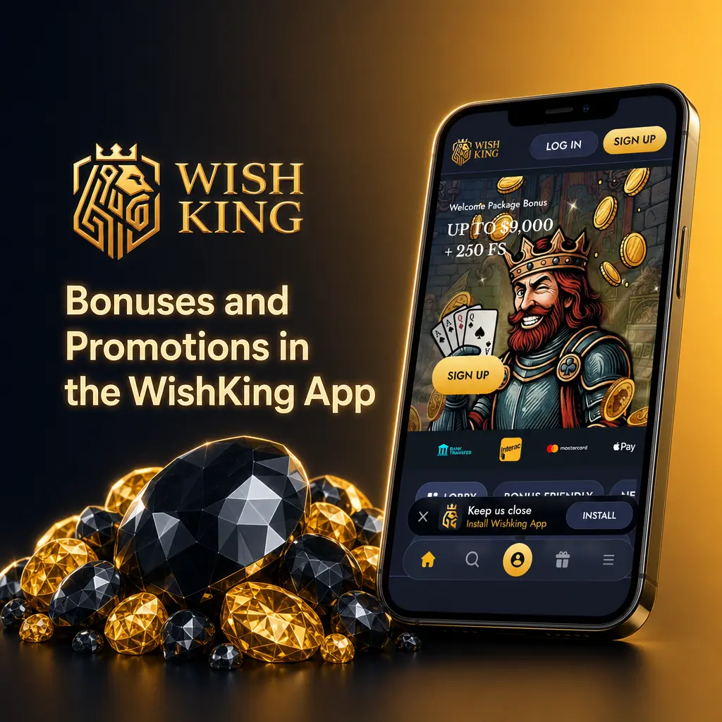 WishKing app dashboard displaying Canadian bonuses: welcome bonus, reload bonus, weekly cashback, and free spins offers.