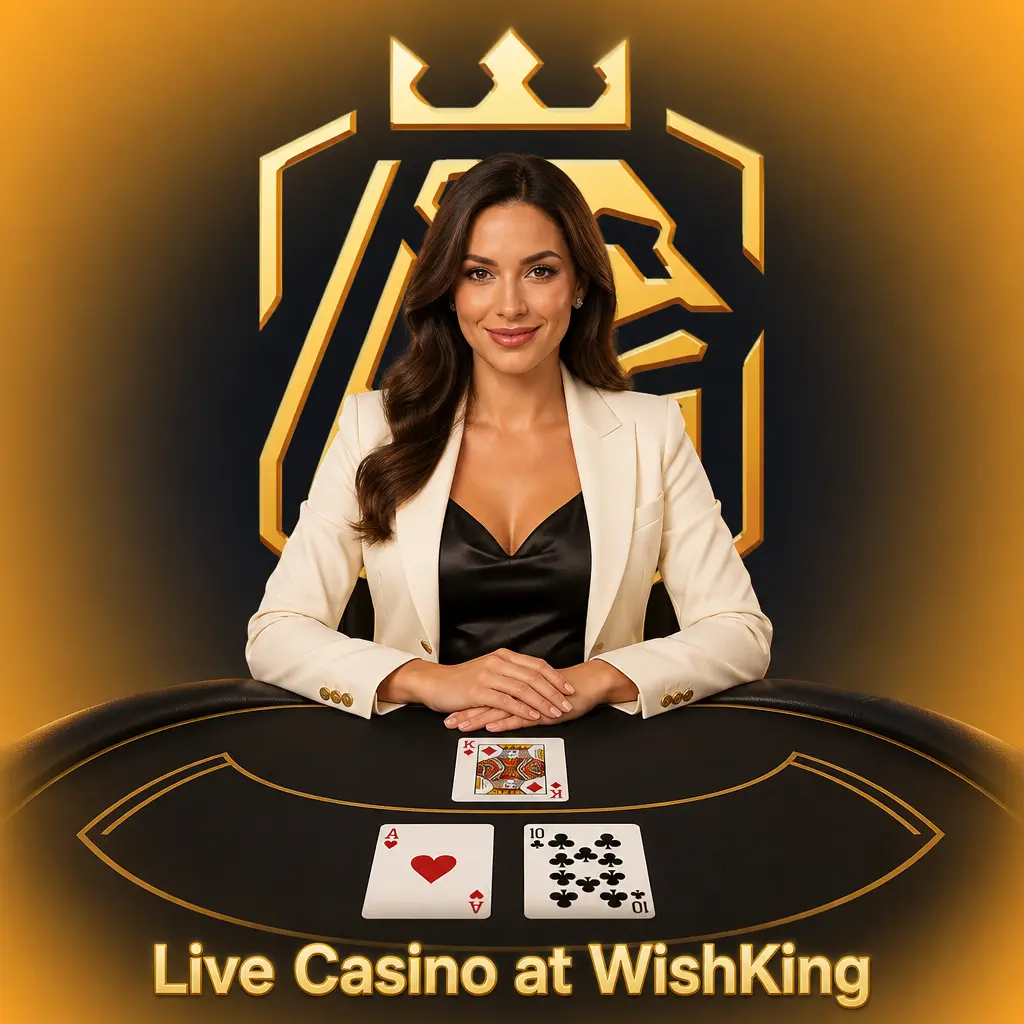 WishKing live casino: 1080p streamed tables with real dealers for blackjack, roulette, baccarat, game shows, and poker, 24/7.