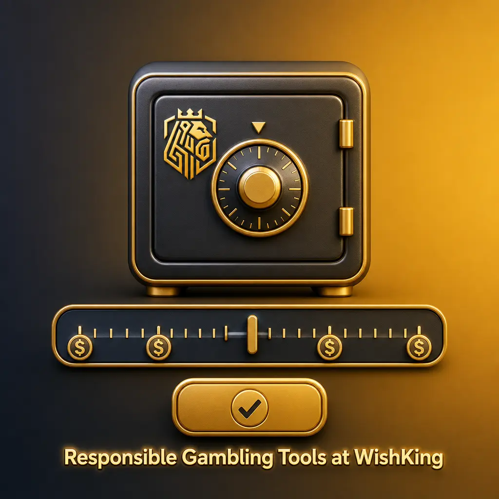 WishKing Responsible Gambling panel showing deposit limits, loss limits, session reminders, self-exclusion, and account summary tools.