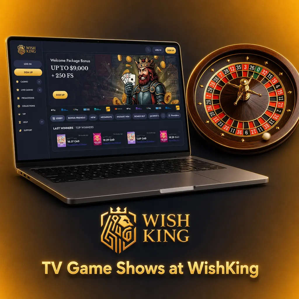 Live TV game shows at WishKing, including Crazy Time, Monopoly Live, and Deal or No Deal, with multiplier betting rounds.