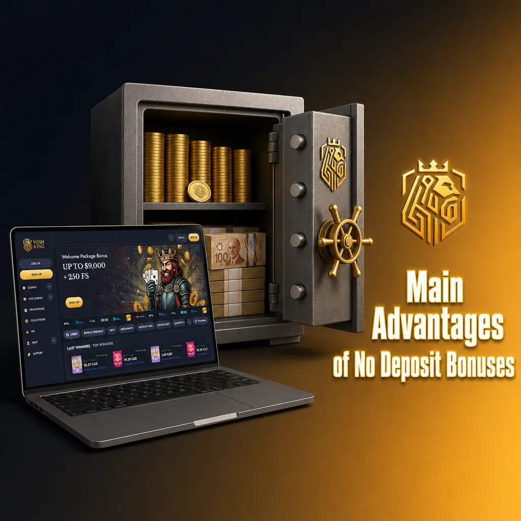 Main advantages of no deposit bonuses at WishKing Casino: risk-free play, real cash payouts, and strategy testing.